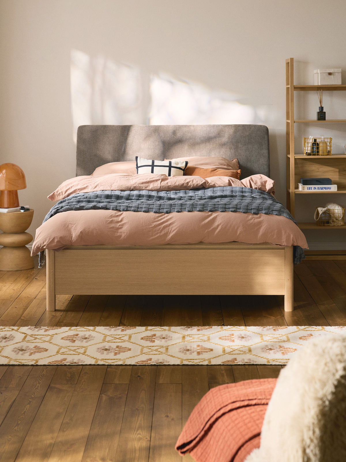 Santvedra Wooden Bed with Upholstered Headboard and Drawers