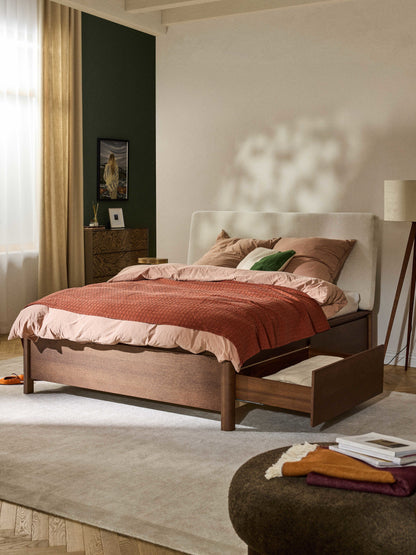 Santvedra Wooden Bed with Upholstered Headboard and Drawers